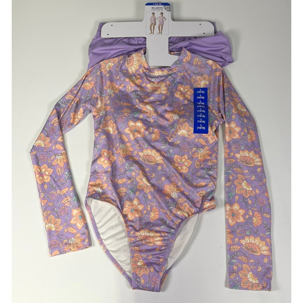 Billabong Girls Purple Floral 2-Piece Swim Set Rash Guard Bodysuit Shorts 14/16
